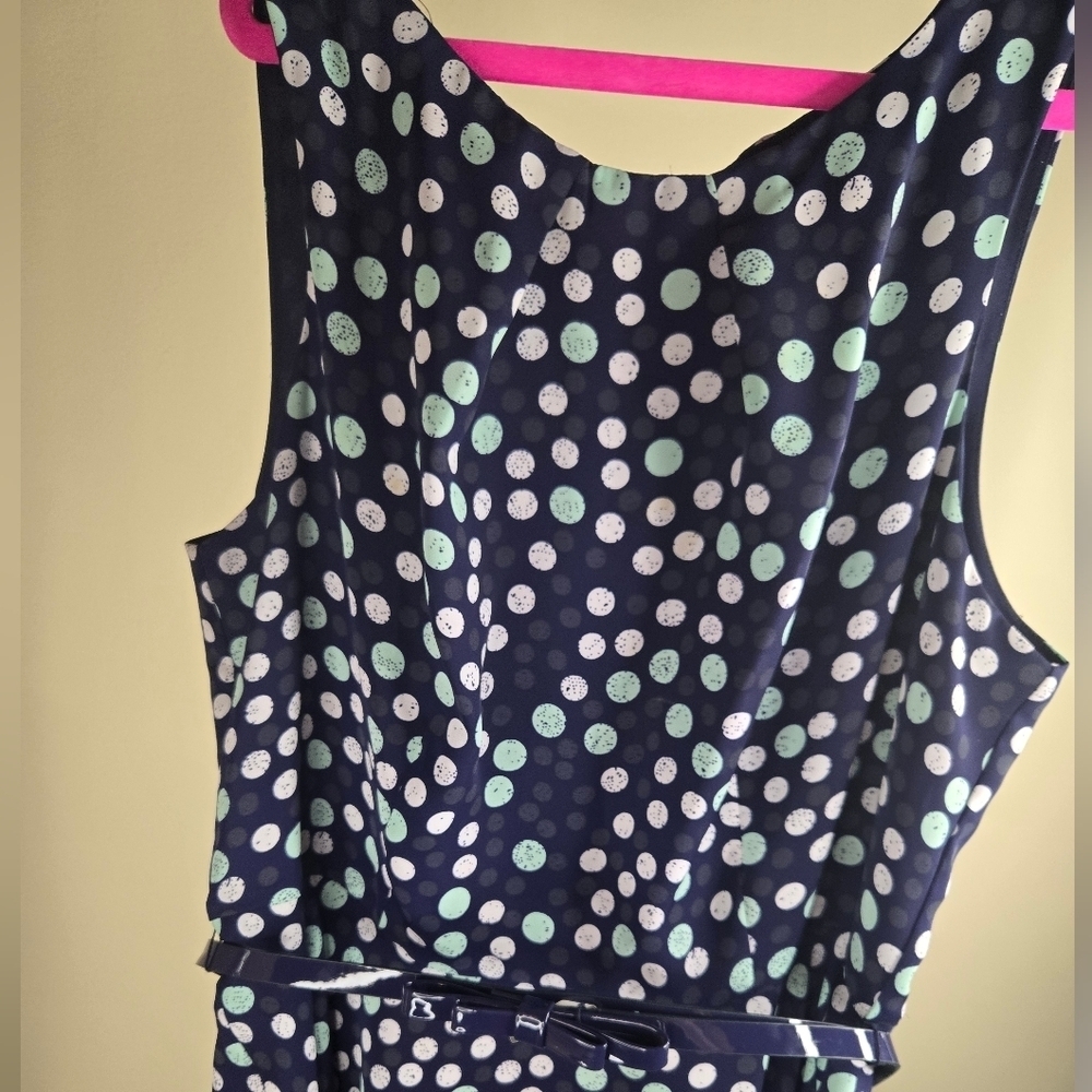 Elle Womens Polka Dot Sleeveless Dress With Bow Belt Blue/White Size 12 - Picture 4 of 13